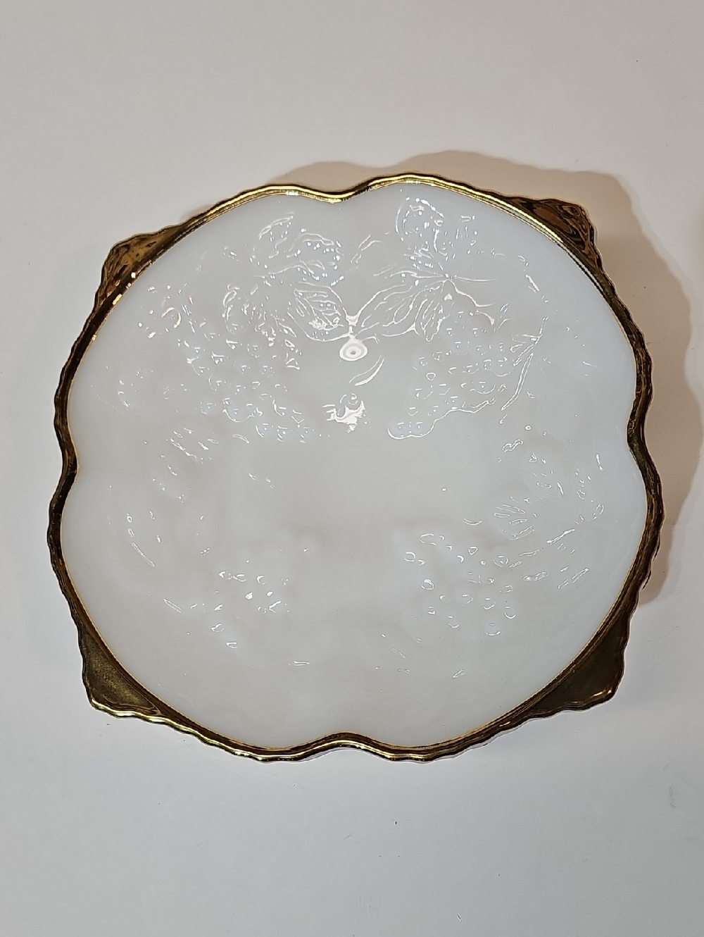 Vintage Anchor Hocking White Milk Glass Serving Plate Bowl - Gold Rim